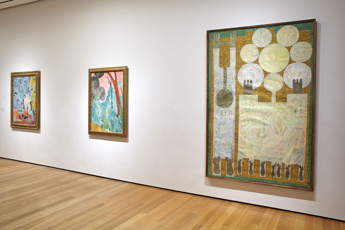 Installation view of the collection galleries at The Museum of Modern Art, New York. At right, Charles Hossein Zenderoudi's "K+L+32+H+4. Mon père et moi (My Father and I), 1962"<br>